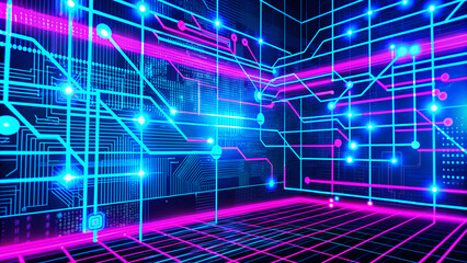 Obraz premium Vibrant blue digital network chart background with interconnected nodes, lines and circuits, representing modern technology, communication and data exchange in a futuristic atmosphere.