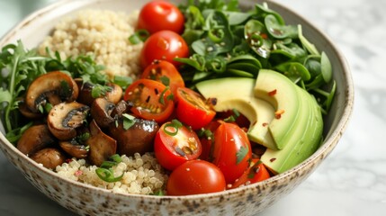 A vibrant vegan bowl filled with sauteed mushrooms, quinoa, avocado, cherry tomatoes, and fresh greens