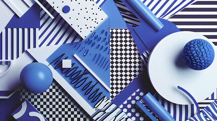 A striking abstract geometric composition in blue and white, showcasing various shapes and textures in a modern design.