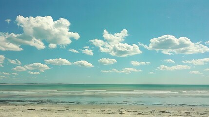 Obraz premium A person riding a surfboard on a blue sky beach with white clouds and small waves