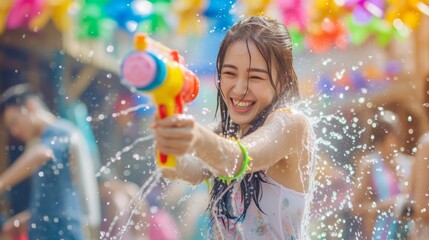 A joyful woman splashed with water holding a colorful water gun, amid holiday decorations and other participants