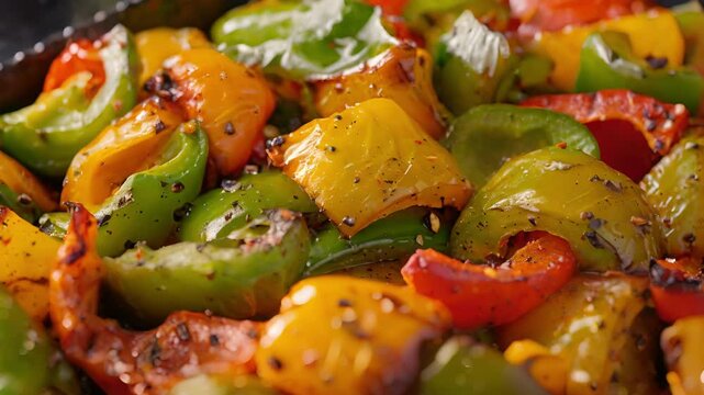 A vibrant mix of roasted green and yellow bell peppers coated in avocado oil and sprinkled with a touch of cumin.