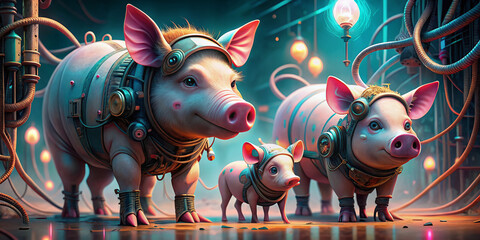 Colorful illustration of adorable pink pigs with robotic parts, circuits, and wires, blending farm animals with futuristic artificial intelligence elements in a whimsical scene.