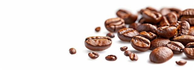 Obraz premium A stack of roasted coffee beans atop a white table, accompanied by another stack