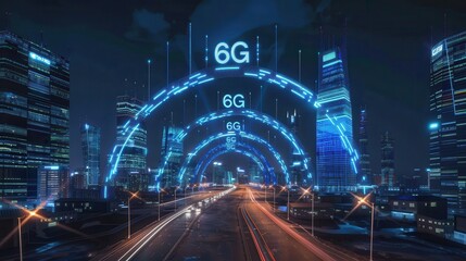 Futuristic neon buildings surround the 6G logo, signifying the acceleration and sophistication of future technology