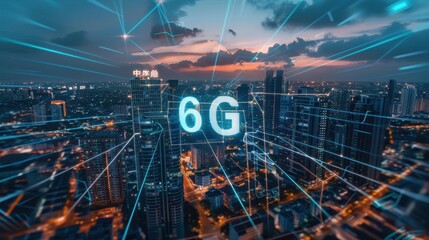 Futuristic neon buildings surround the 6G logo, heralding a new era of high speed and technological innovation