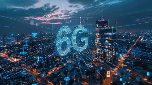 Amidst the bright neon lights of a futuristic city, the 6G logo stands as a symbol of limitless speed and technological progress - Powered by Adobe