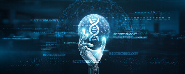 Biotechnology, Hands of robot hold biotechnology network connection, genetic, engineering, DNA,...