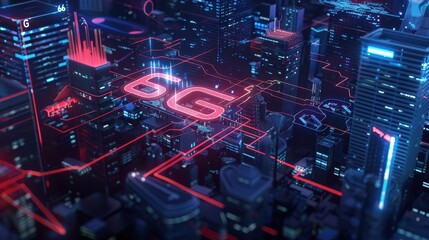 The 6G logo shines among futuristic neon buildings, symbolizing the acceleration and sophistication of future technology