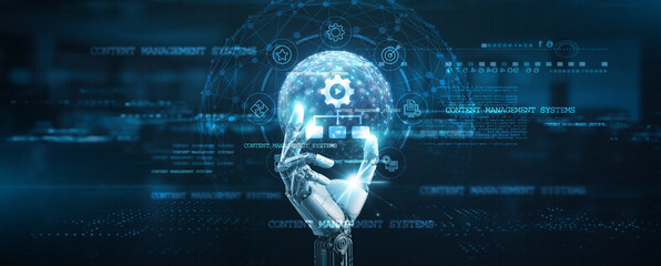 Content management systems (CMS). Hands of robot hold CMS system management tools, integration...