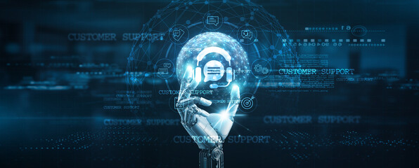 Customer Support, Hands of robot hold customer support tools, hotline, service, assistance,...