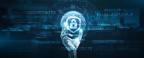 Cybersecurity, Hands of robot hold cybersecurity management tools, data protection, encryption,...