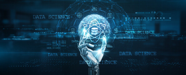 Data science, Hands of robot hold data science tools, analytics, algorithms, machine learning,...