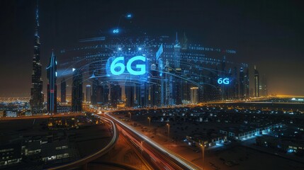 The 6G logo is surrounded by futuristic neon buildings, radiating symbols of speed and rapid technological progress