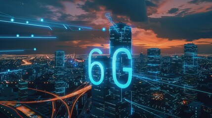 Neon lights illuminate futuristic buildings, with the 6G logo taking center stage, heralding a new era of speed and technological advancement