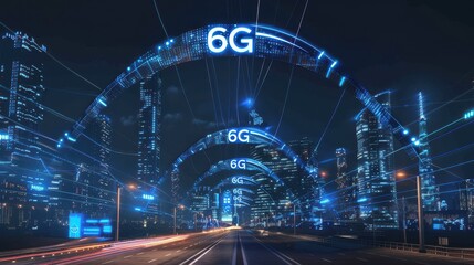 Among the neon buildings of the future city, the 6G logo stands as a symbol of innovation and the infinite acceleration of technology