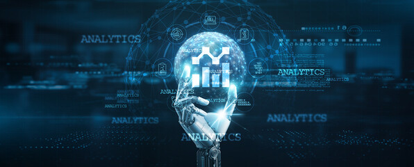 Data analytics, Hands of robot hold analytics tools, system management, technology, software, integration, and data analytics technology.