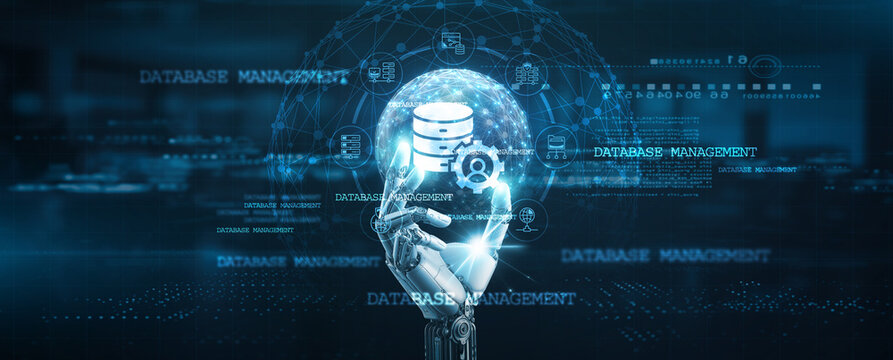 Database management, Hands of robot hold database management tools, data integration, storage solutions, processing, automation, and information technology........