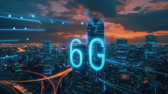 Neon lights illuminate futuristic buildings, with the 6G logo taking center stage, heralding a new era of speed and technological advancement