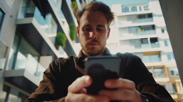 Un homme regarde son t&eacute;l&eacute;phone assis &agrave; l'&eacute;xterieur.