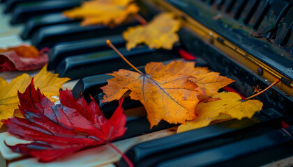 Beautiful large autumn maple leaves of different colors on the piano keys, the concept of autumn, classical music