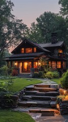 Obraz premium Charming rustic cabin with glowing warm lights nestled in lush green surroundings, featuring stone steps, lush gardens, and tall trees at twilight