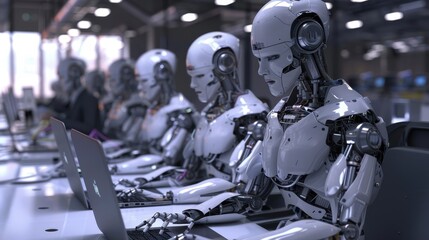 Naklejka premium The future of work: robots working in front of laptops