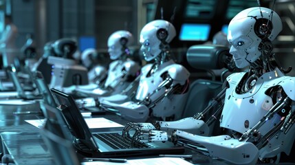 Fototapeta premium A view of a robotics laboratory with laptops on every desk