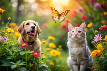 Adorable cat and dog duo in perfect harmony, chasing a delicate butterfly in a vibrant summer garden filled with lush greenery and colorful blooms.