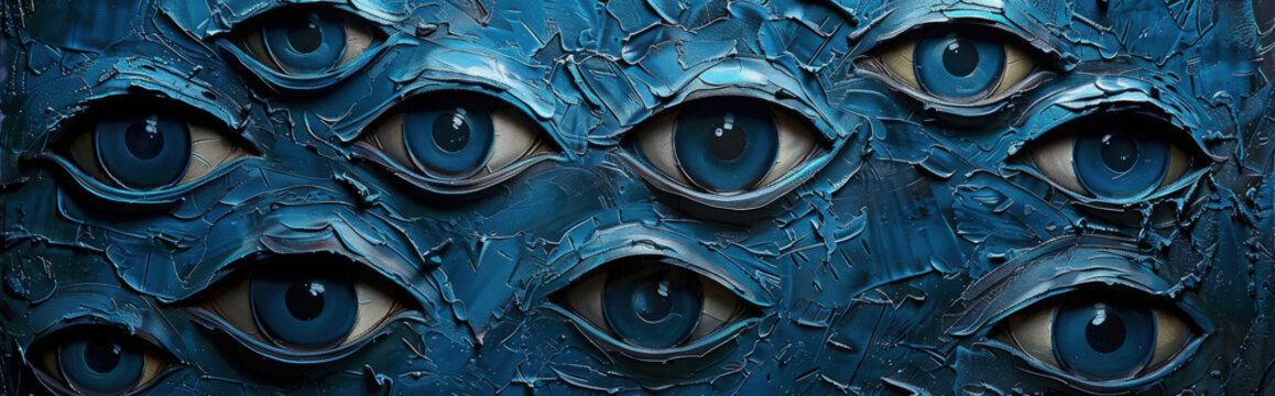 abstract composition filled with numerous eyes hidden within shadows, representing the constant, unsettling feeling of being watched and scrutinized associated with paranoia