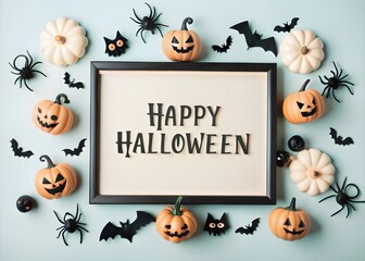 Happy halloween card in flat lay style. Halloween frame with party decorations of pumpkins, bats, scary ghosts, candy, spiders on background. 