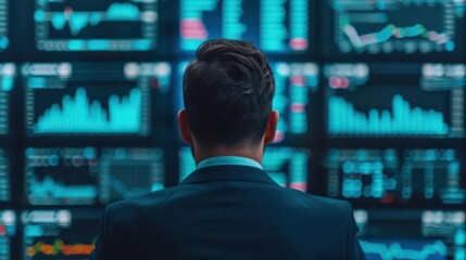 Businessman monitoring multiple financial charts on digital screens, focusing on investments, trading, and market data analysis.