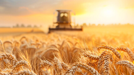 Golden wheat field with combine harvester in the background during sunset, symbolizing abundant harvest and agriculture.