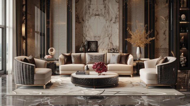 Enter a chic and glamorous living room boasting luxury interior design, with sumptuous seating, elegant decor, and tasteful accents.