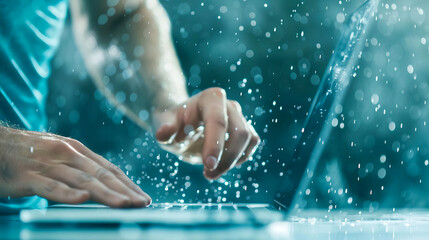 Fototapeta premium A close-up of a person's hand typing on a laptop keyboard with water splashes, symbolizing data protection and tough environments.