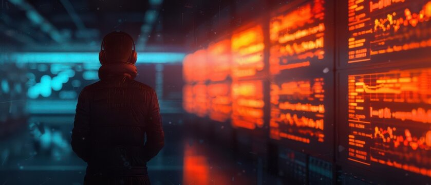 Person analyzing data on multiple screens with red and blue lights in a dark, futuristic control room setting.