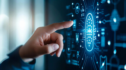 A person interacts with a futuristic touch screen interface, illustrating technology, innovation, and modern digital advancements.