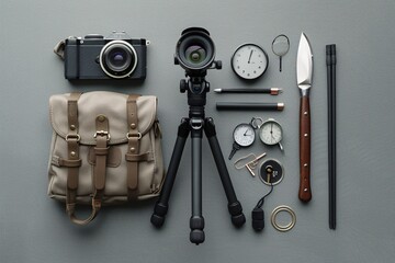A carefully curated collection of vintage camera equipment and leather accessories. The images feature old cameras, bags and tools,