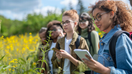 Young Multiracial Teenagers Friends Exploring Nature Together on a Sunny Day. Generative ai