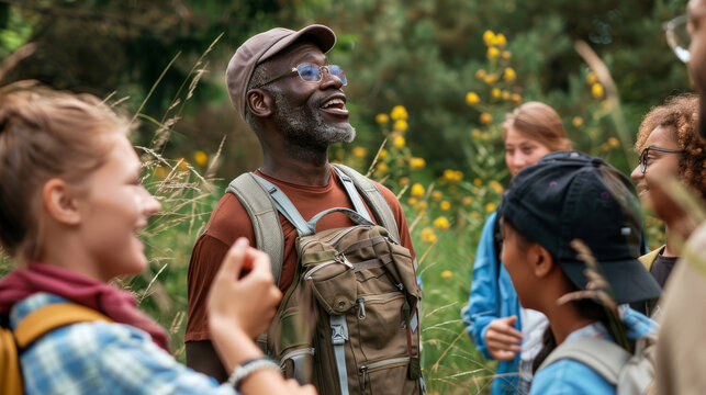 African American Male Teacher Leading a Group of Young Students on a Forest Field Trip. Generative ai.
