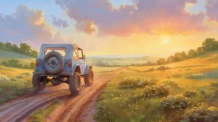 Fototapeta premium A Jeep, painted blue, drives on a dirt road amidst a field at sunset