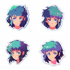 Obraz premium Set of cute green-haired anime girls on a white bakground. Collection of illustrations for stickers, patches, pins.