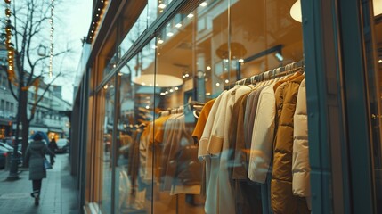 Obraz premium Modern clothing store with warm winter coats and jackets on display in the window