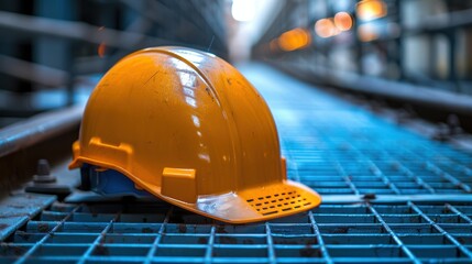 A single yellow construction helmet placed on a blue metal grate in an industrial setting with blurred background featuring lit steel beams