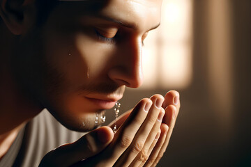 a man performing the symbolic act of washing his face with his hands during Wudu ablution before Salah
