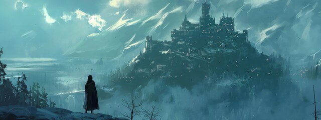 painting style illustration, wanderer at cliff edge with big stronghold at far sight, futuristic cyberpunk theme