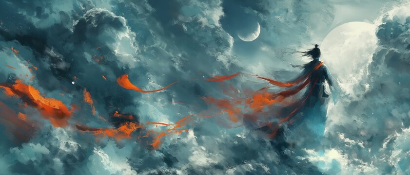 painting style illustration, Chinese deity floating travel over cloudscape with full moon light, Chinese fiction fantasy ancient traditional style, idea for book cover and background