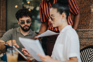 Business partners strategizing, planning, and analyzing statistics over a new project in a modern coffee shop atmosphere.