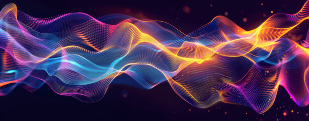 Obraz premium Abstract background with sound waves, colorful glow and wave shapes on dark black backdrop