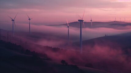 Obraz premium Wind turbines in a foggy landscape during sunset, with a pink and purple hue sky, generating renewable energy, surrounded by mist and hills.